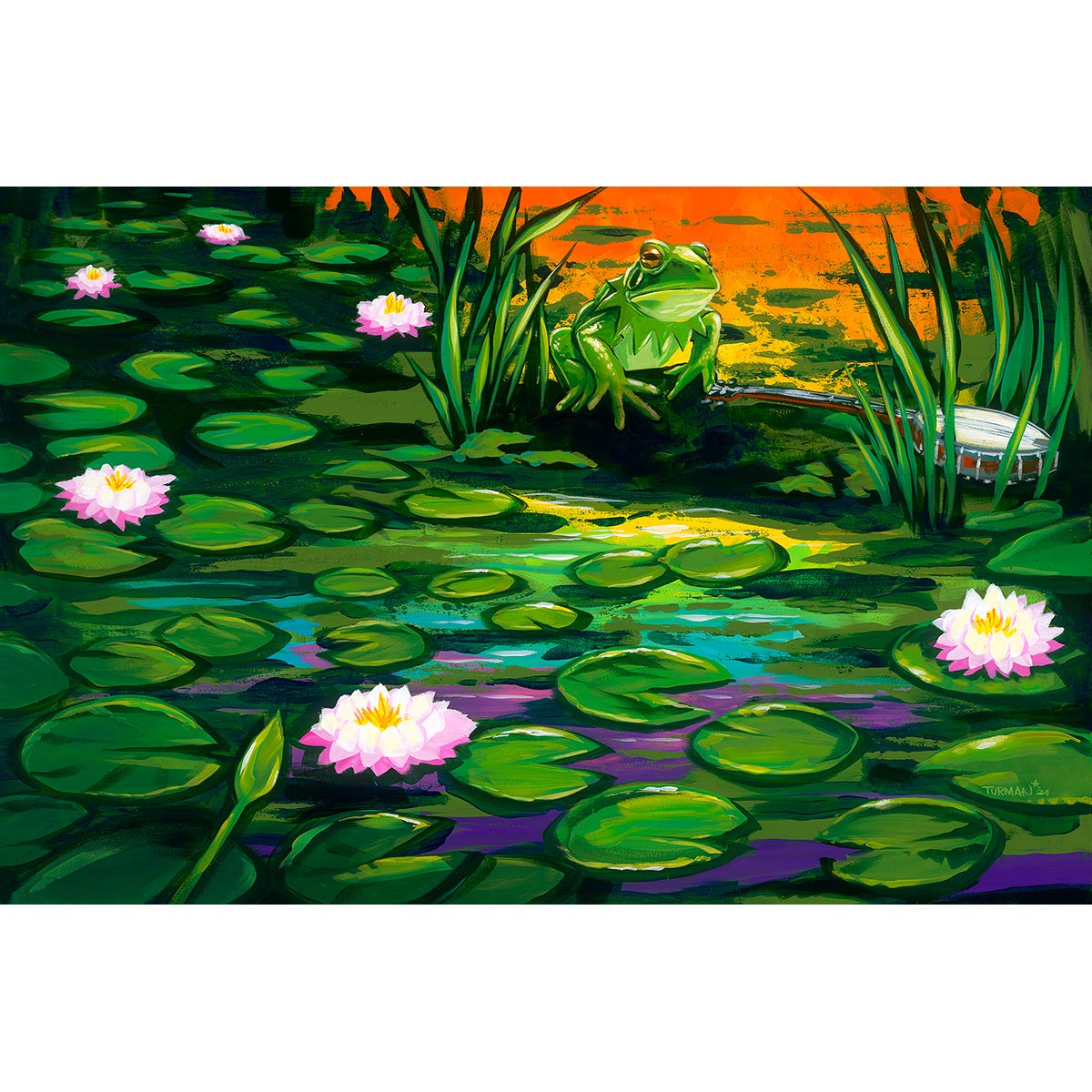 a frog sitting on a rope in a pond with lily pads - Turman Artwork Company