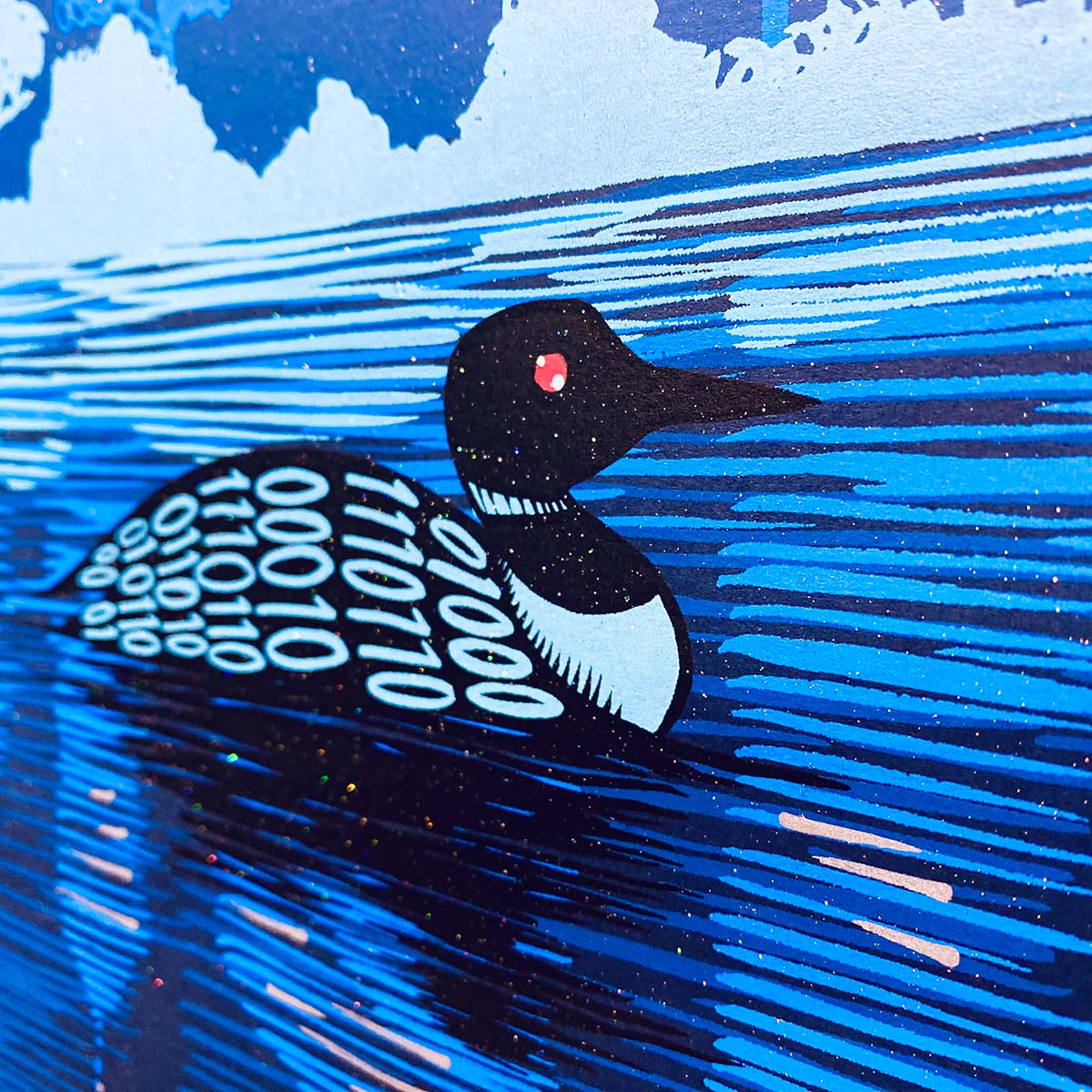 a blue and white picture of a duck swimming in the water - Turman Artwork Company